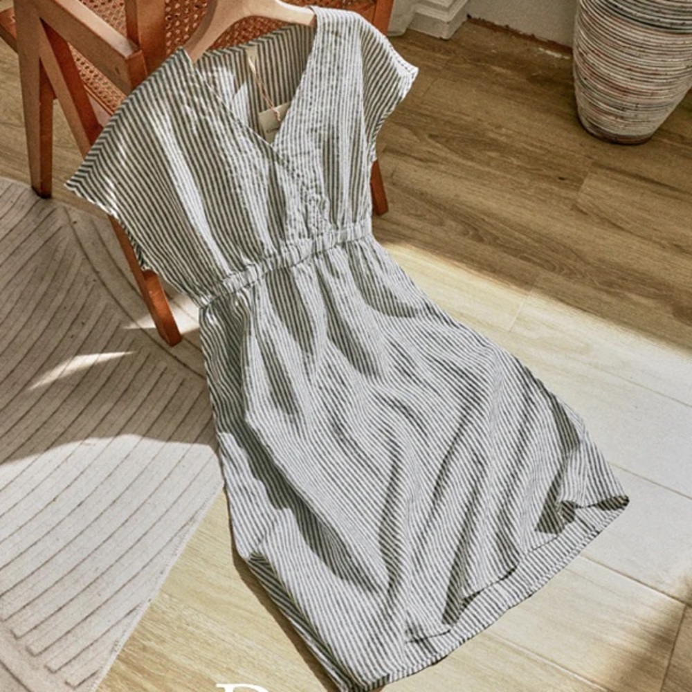 Grae Cove 100% linen stripped midi dress elastic waist size XL